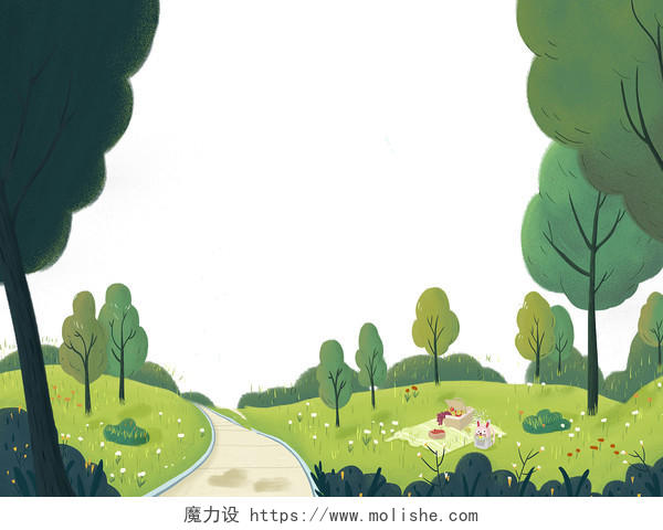 绿色手绘卡通花草树木草丛公园风景元素PNG素材